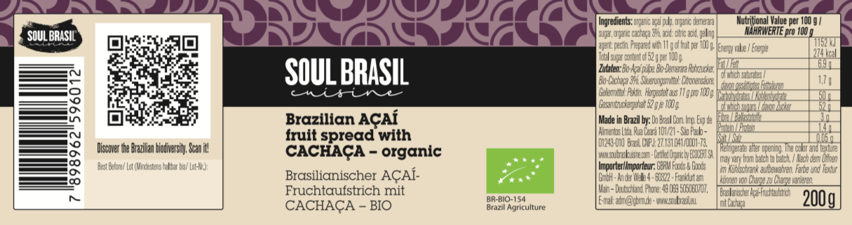Soul Brasil Açaí Berry e Cachaça Jam 200g - USDA Organic